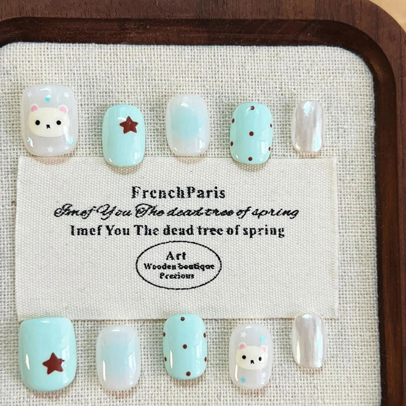 10Pcs Korean Style Cute Bow Polka Dot Print Press on Nails Fake Nails Full Cover Nail Tips Reusable Fake Nail Art Patch Stickers