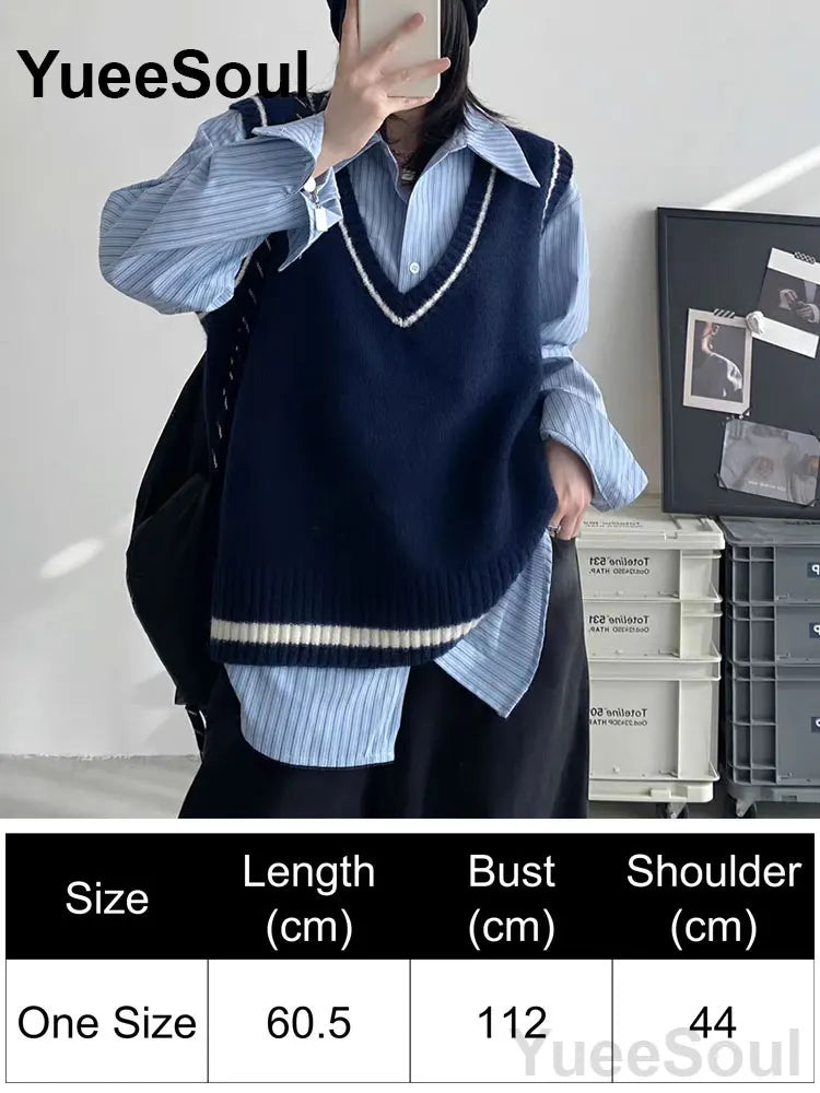 Blue Argyle Women's Vest Plaid Sleeveless Pullover Loose Knitted Sweater Vest 2026 New Autumn Y2K Casual Oversized Waistcoat