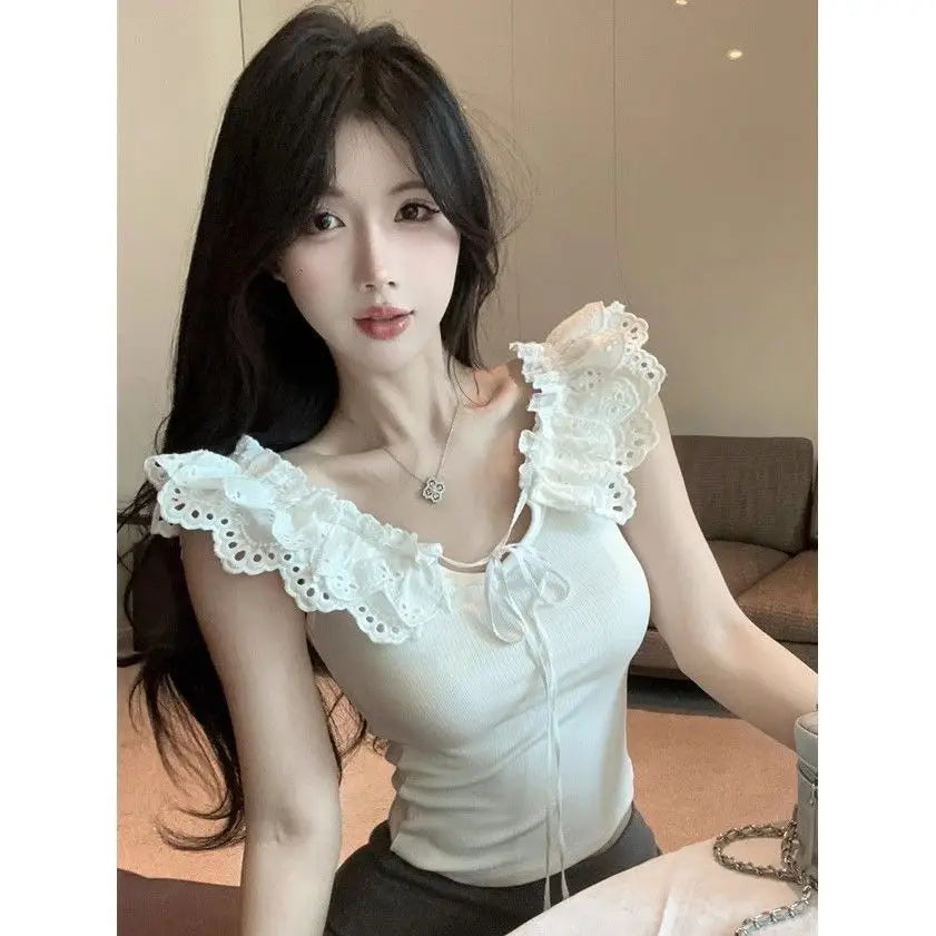 Summer Women's New Arrival Girl Style Slimming and Slimming Off-Shoulder Tied Ribbon Lace Trim Sleeveless Top