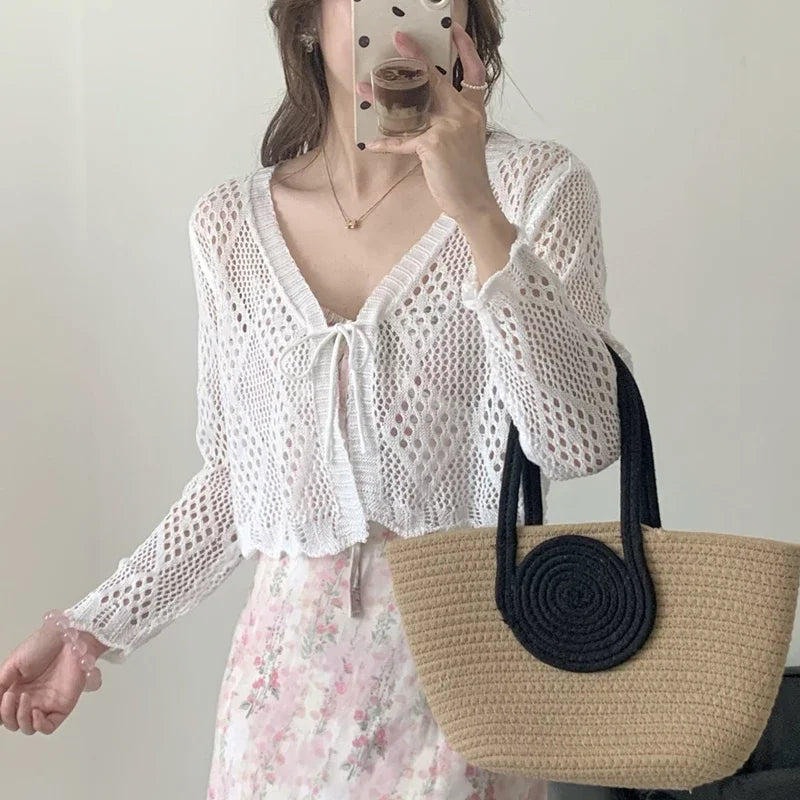 Sheer Pointelle Knit Crop Cardigan with Tie Front Openwork Long Sleeve Short Jacket Top Cover for Women Teen-girl Cute Outfit