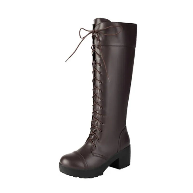Women's Shoes Fashion Womens Knee High Boots Designer Lace Up Combat Boots Chunky Platform Goth Boots for Women Plus Size 34-48