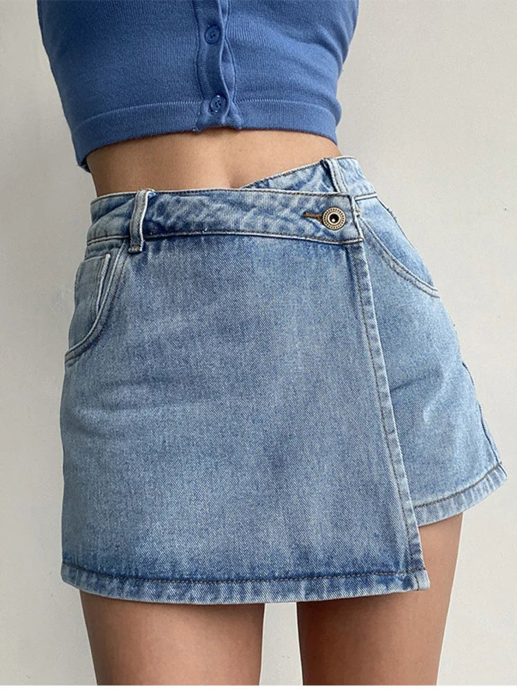 2026 Summer Women High Waist A-line Shorts Light Color Fake Two-piece Design Elegant Slimming Hot Girl Pants Denim Short Skirt