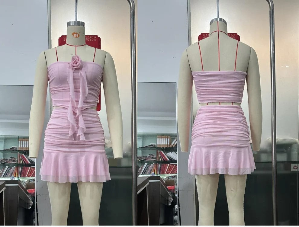 Pink Strapless Crop Top & Ruffled Mini Skirt Set | Inspired by Özlem