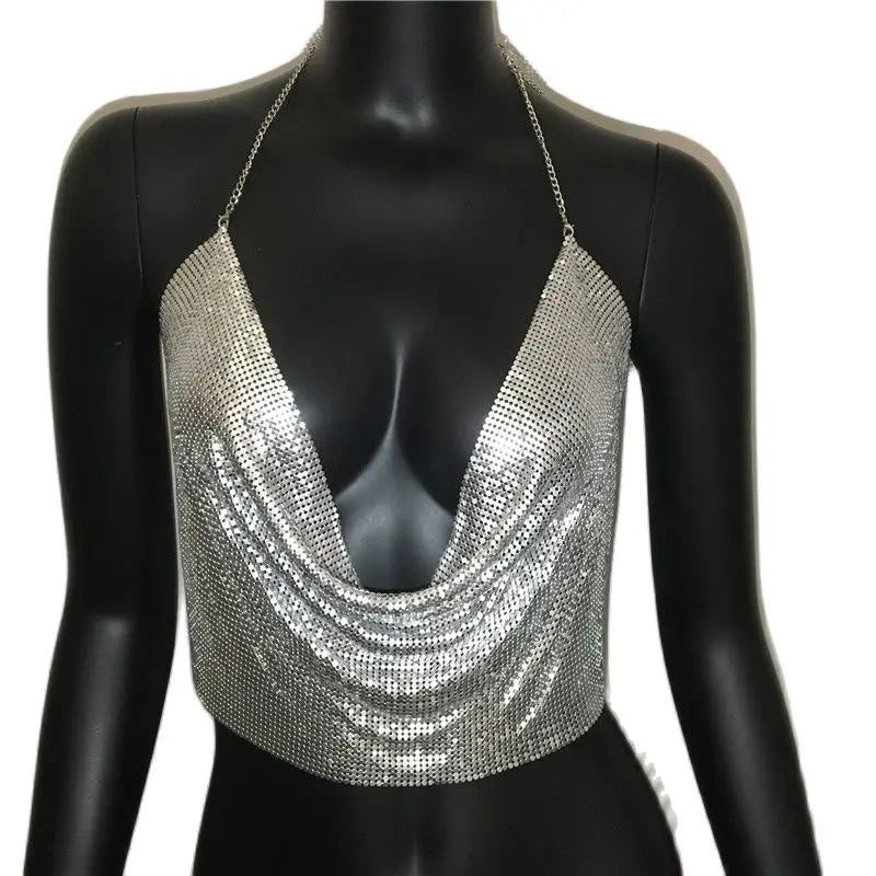 AKYZO Women 2025 Sexy Metal Sequined Tank Camis Summer Gold Silver Backless Cropped Glitter Beach Club Show Wear Tank Tops