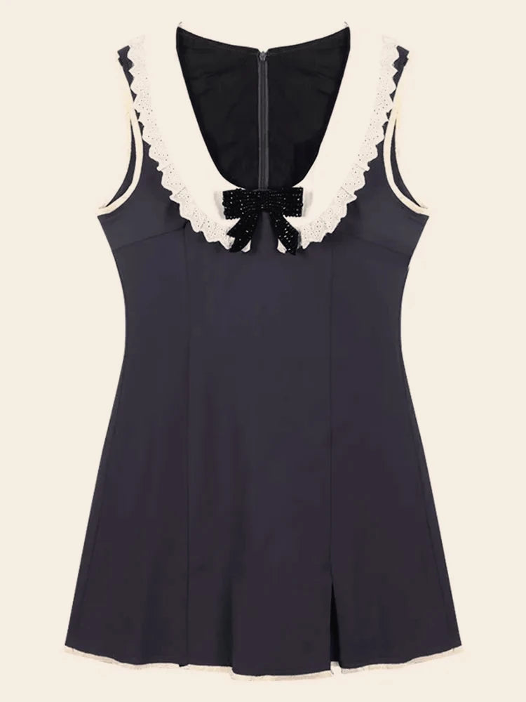 Contrast White Bow Peter Pan Neck Gray Slit Mini Dress Lolita Kawaii dresses elegant women y2k clothing summer korean fashion