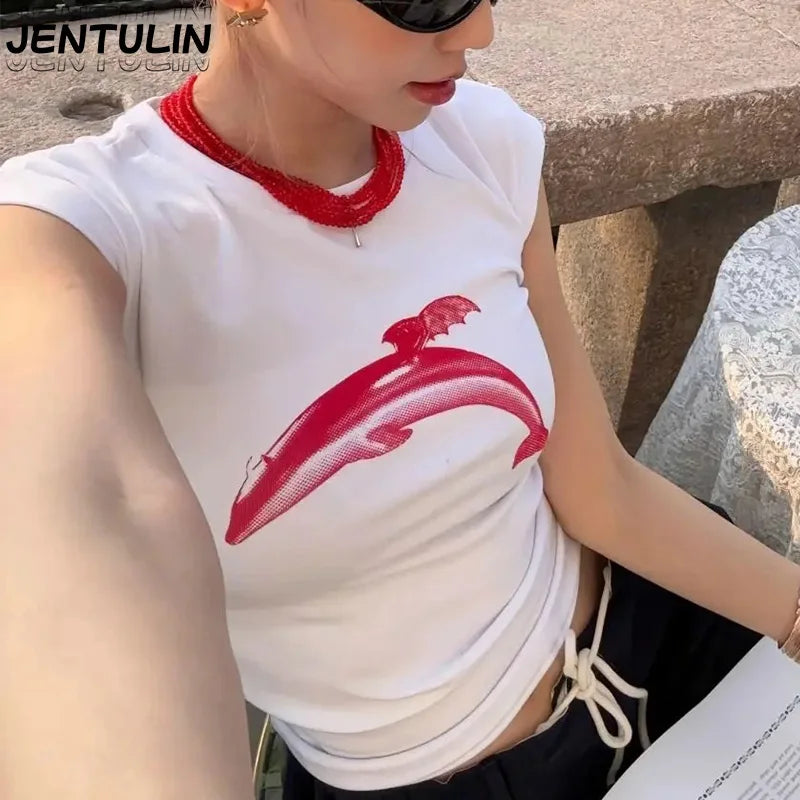 Aesthetic Dolphin Graphic Print Grunge Crop Tops Camisole Tops Vintage Gothic Slim Baby Tees Y2k Style Clothes 2000s Emo Girls