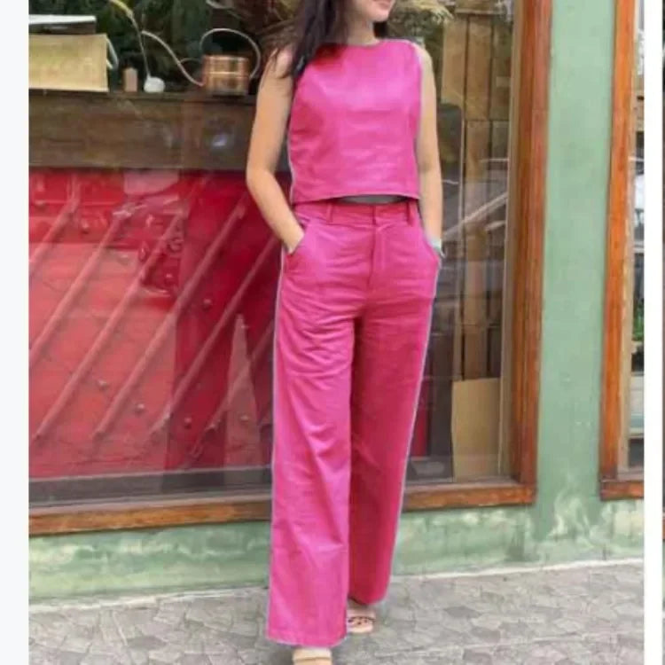 Women's Cotton Linen Set Casual Fashion Wide Leg Pants Sleeveless Pockets Solid Color Ensemble Elegant Versatile Outfit