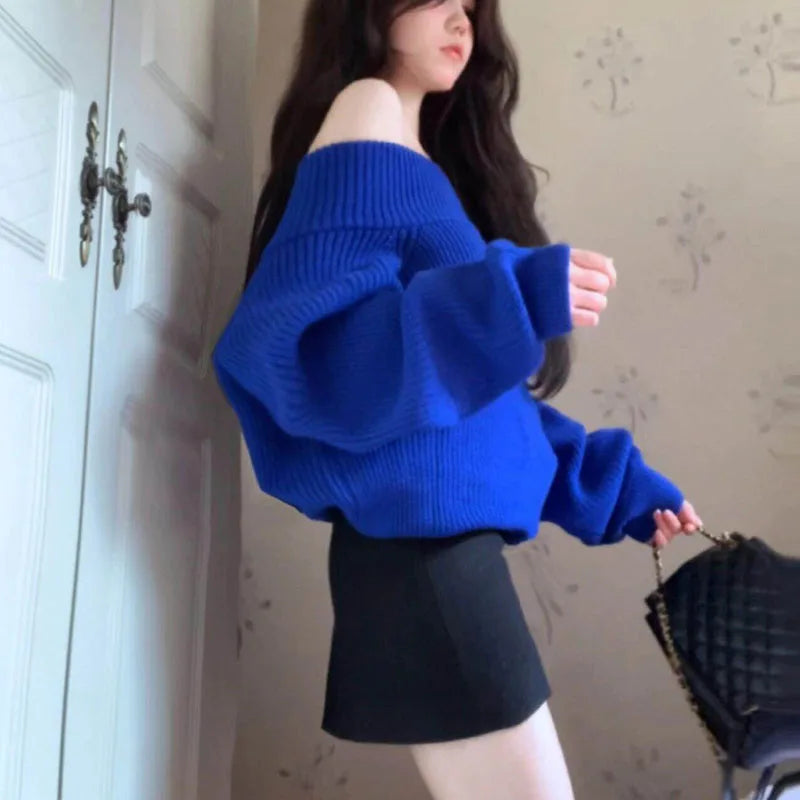 Fashion Autumn Women Off Shoulder Sweater Long Sleeve Elegant Casual Solid Knitted Tops Sexy Pullover Clothing Spring Knitwear