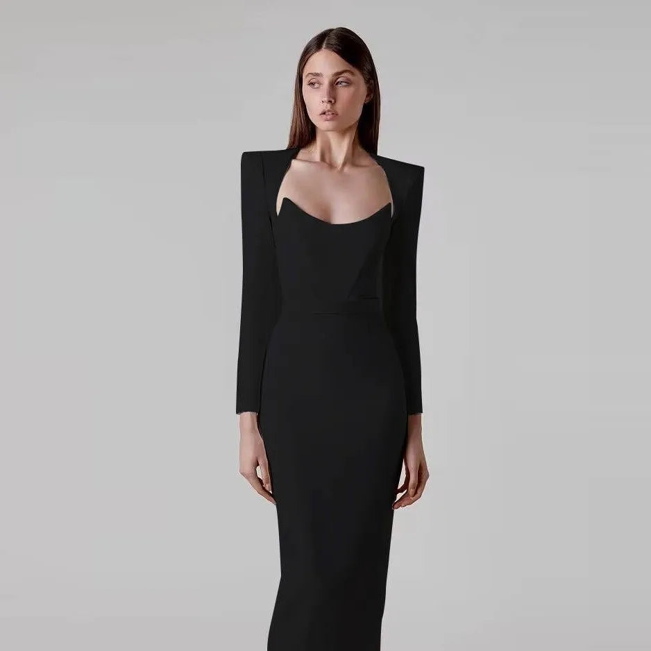 2025 Women Celebrity Sexy Long Sleeve Square Collar Rose Red Maxi Long Mini Bandage Dress Elegant Evening Club Party Outfit