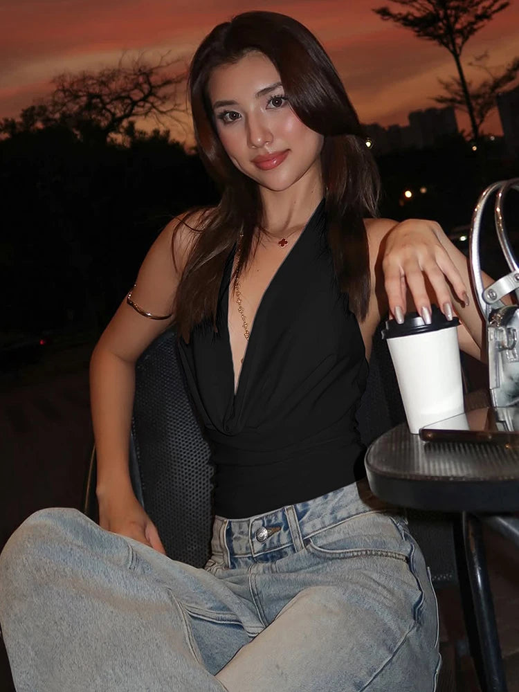 Backless Halter Swing Collar Ruched Skinny Tank Top | Inspired by Pınar Deniz