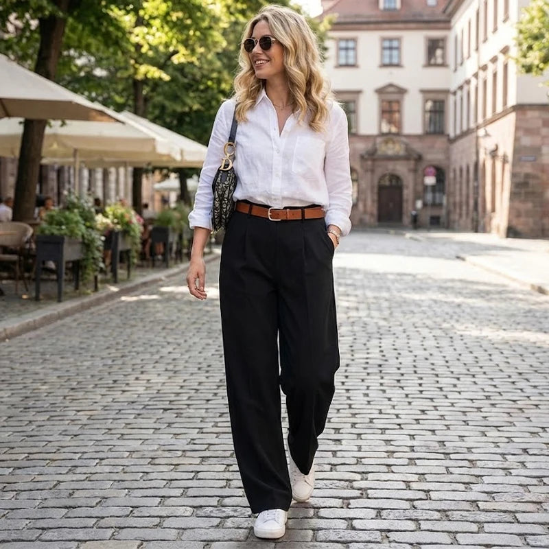 Willshela Women Fashion Black Front Zipper Pleated Straight Pants Vintage High Waist Full Length Female Chic Lady Trousers