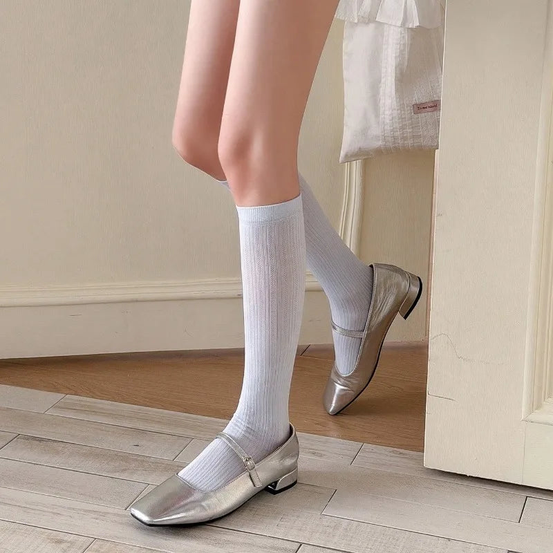 Women Stockings New Fashion Thin Mesh Breathable Knee High Socks For Women Solid Color Casual School Style Long Socks