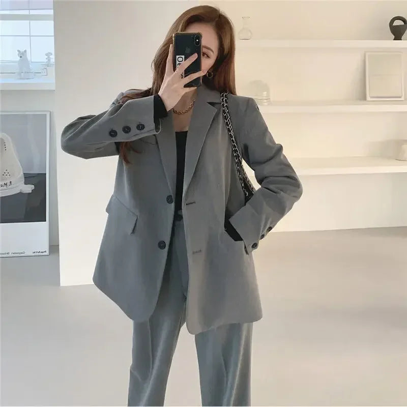 Insozkdg 2024 Autumn Winter Retro Casual Long Sleeves Jacket + Wide-leg Pants Commuter Solid Color Single-breasted Two-piece Set