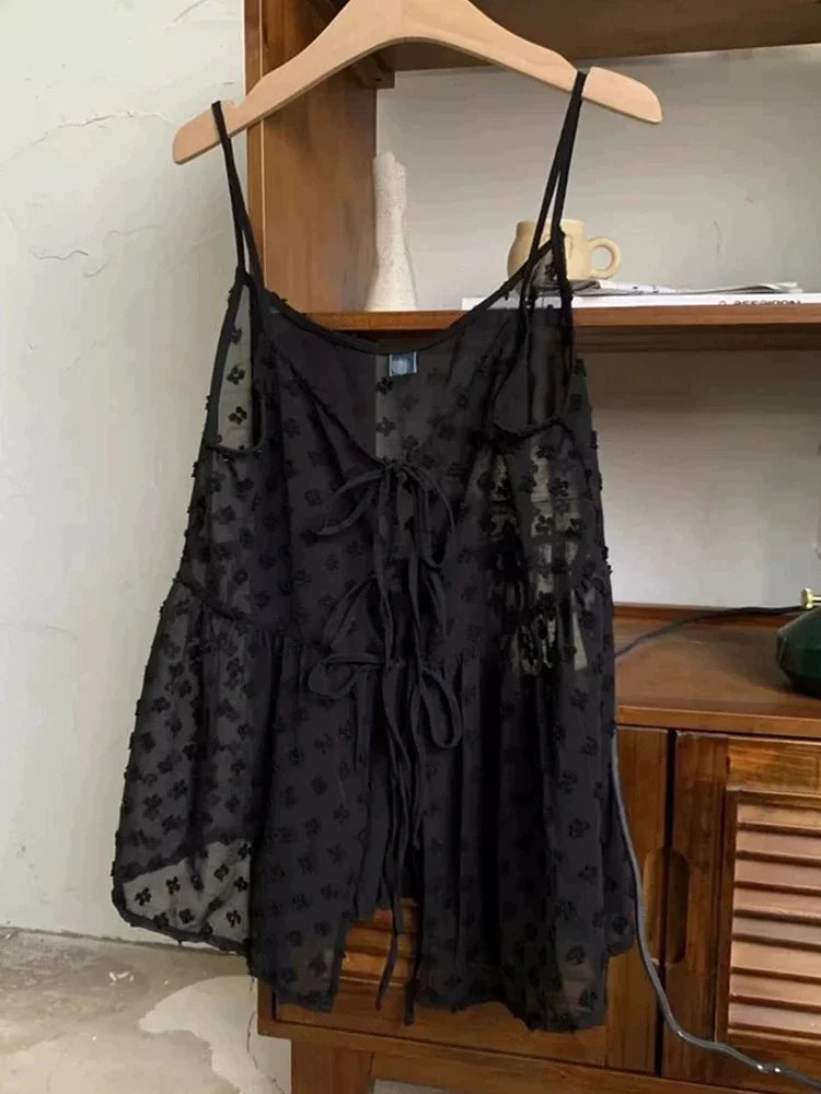 Mesh See-Through Lace-Up Camisole Top | Inspired by Ningning