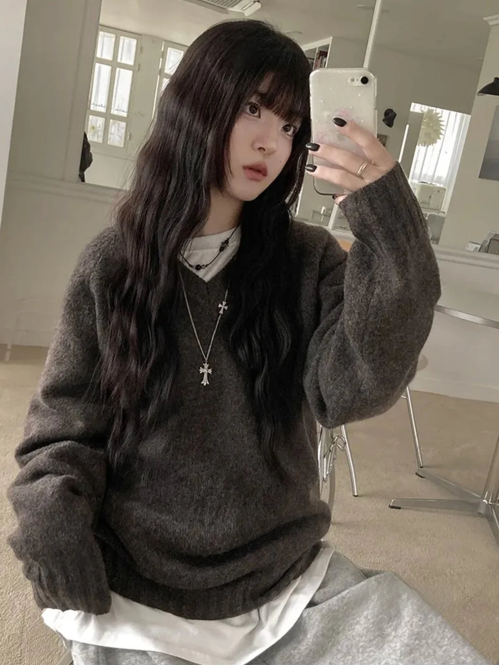 Korean Retro V-Neck Long Sleeve Knitted Sweater | Inspired by Wonyoung