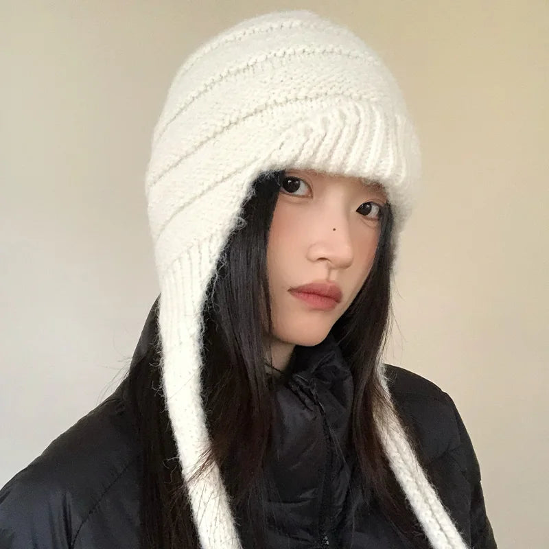 Grey Thickened Knitted Hat With Ear Protection For Women New Autumn And Winter Style Warm And Slimming Versatile Beanie