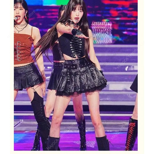 IVE Wonyoung Same Style Stage Outfit Kpop Jazz Dance Performance Set Black Lace-up Tube Top Leather Pleated Skirt