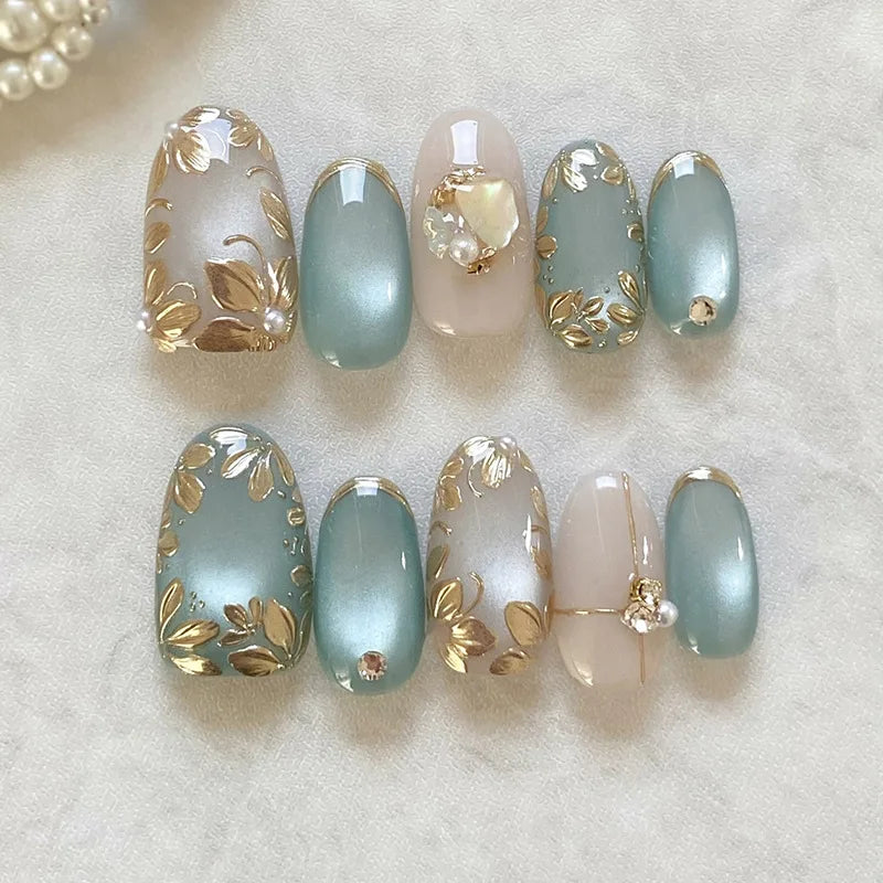 24pcs/30pcs/set Medium long 3D fake nails flowers golden foil bow rhinestones pink white leopard nail tips press on false nails