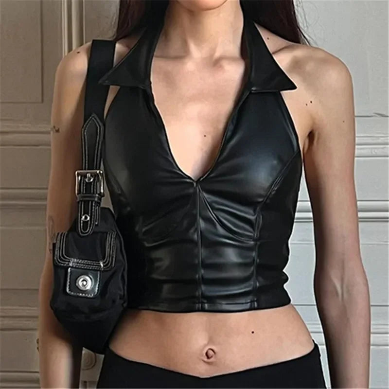 2025 New Vintage Dark Faux Pu Leather Hlater Crop Tops Gothic Cyber Y2K Backless Zip Tanks Top Women Retro Sleeveless Tee Vests