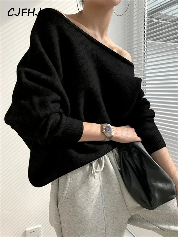 CJFHJE Vintage Korean Fashion Slash Neck Sexy Sweaters Female Irregular Knitted Pullovers Women Autumn Winter Gray Sweaters Tops