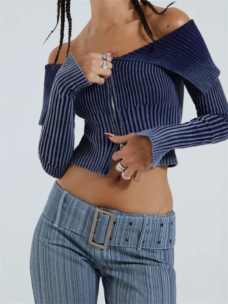 Lapel Gradient Print Long Sleeve Cardigan Crop Top for Women Off Shoulder Knitted Ribbed Zip Up Sweaters Jumpers 2024