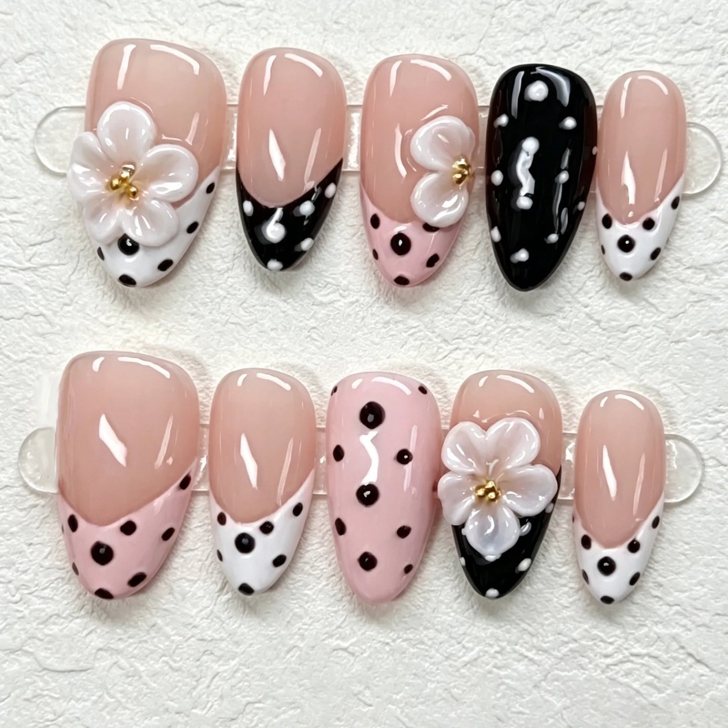 24PCS Sweet Purple Gradient French False Nails with Glue 3D Flowers Butterfly Ripples Almond Press on Nails Aurora Nails Patches