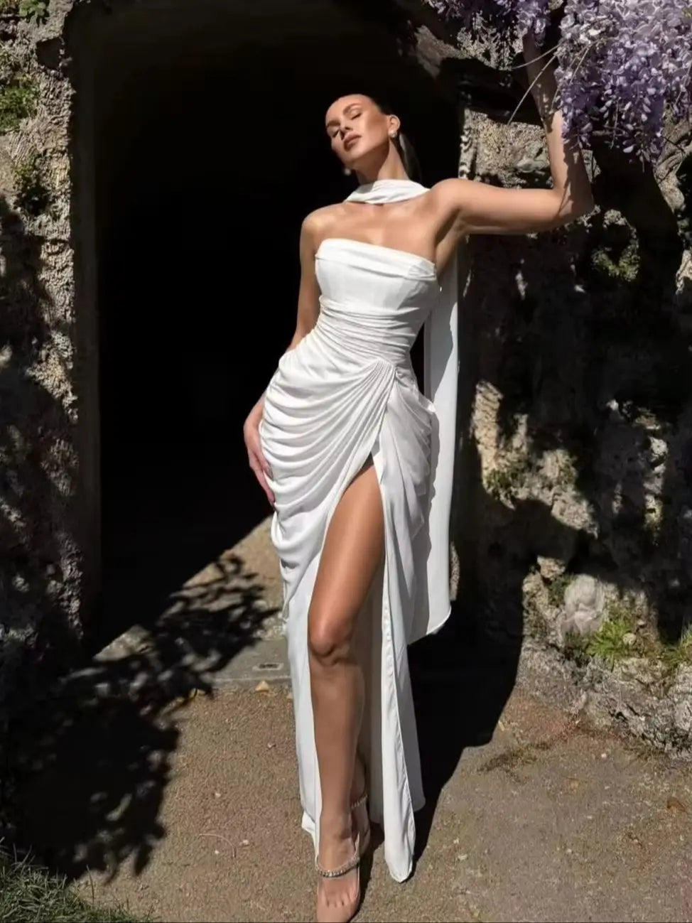 White Strapless Ruched Satin Mermaid Evening Gown | Inspired by Neslihan Atagül