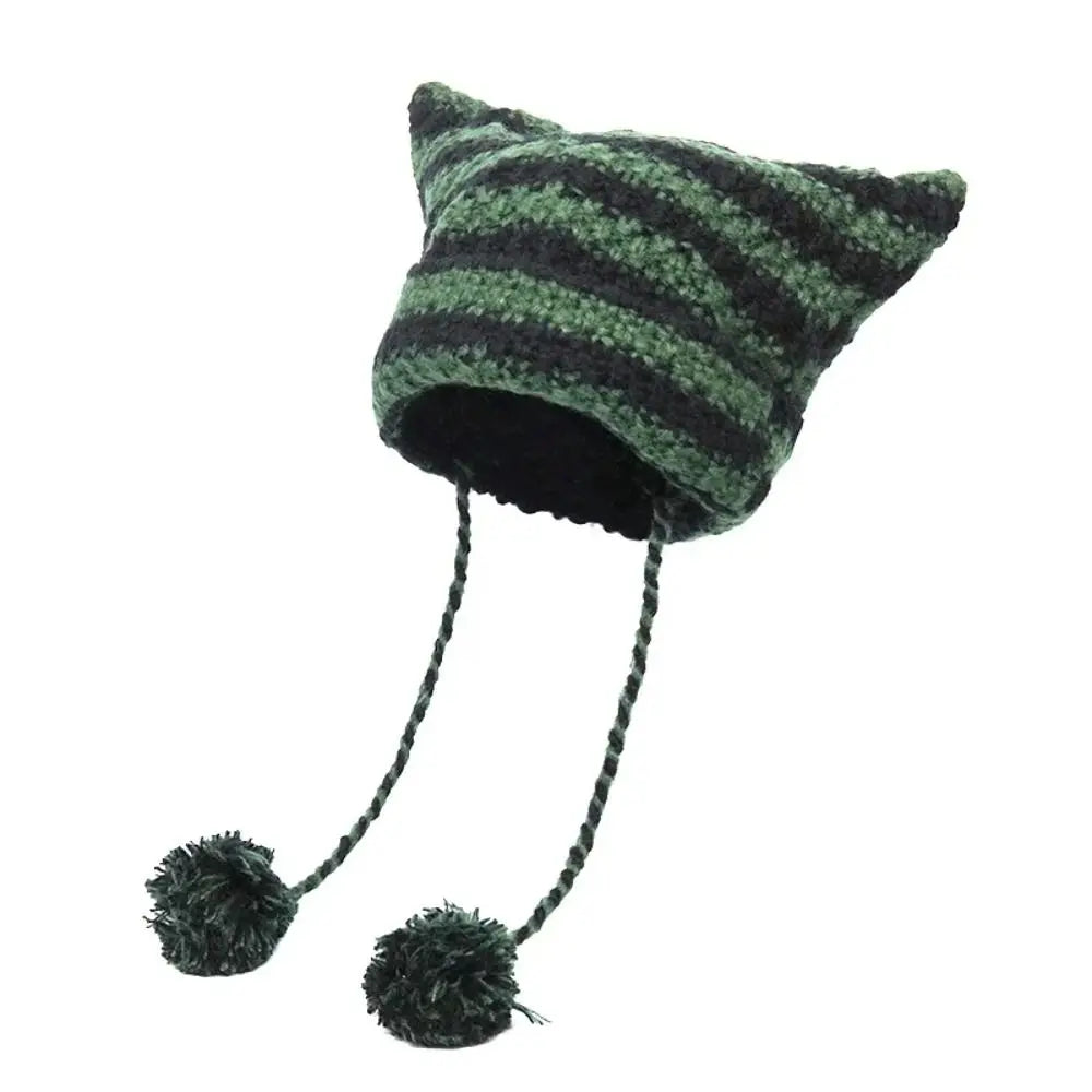 Fshion Y2K Knitting Striped Beanie Hat Cute Wool Hanging Ball Knitted Beanie Hat Cat Ears Pointed Pullover Hats Autumn Winter