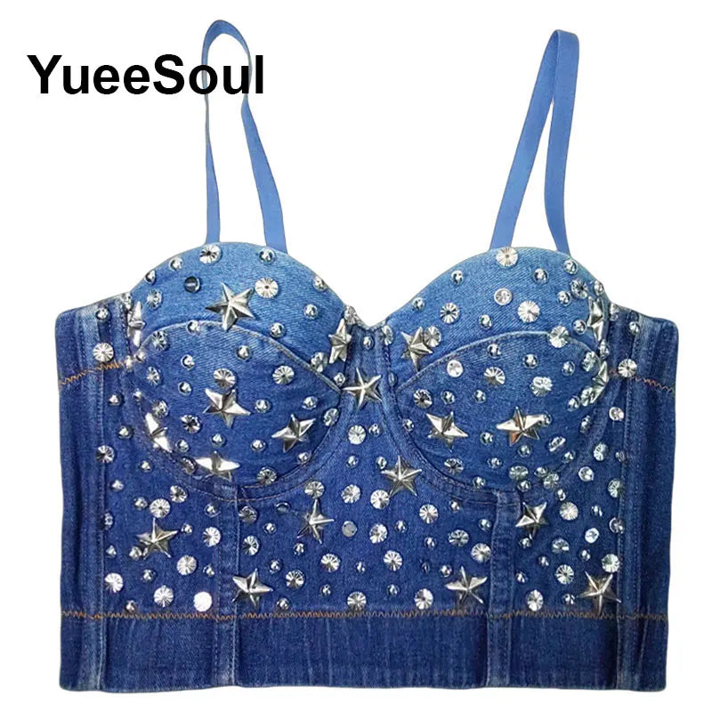 Denim Crop Tops Pearl Tassel Diamond Flower Blue Sleeveless Sexy Corset 2000s 2026 Summer New Y2K Party Evening Woman Clothes