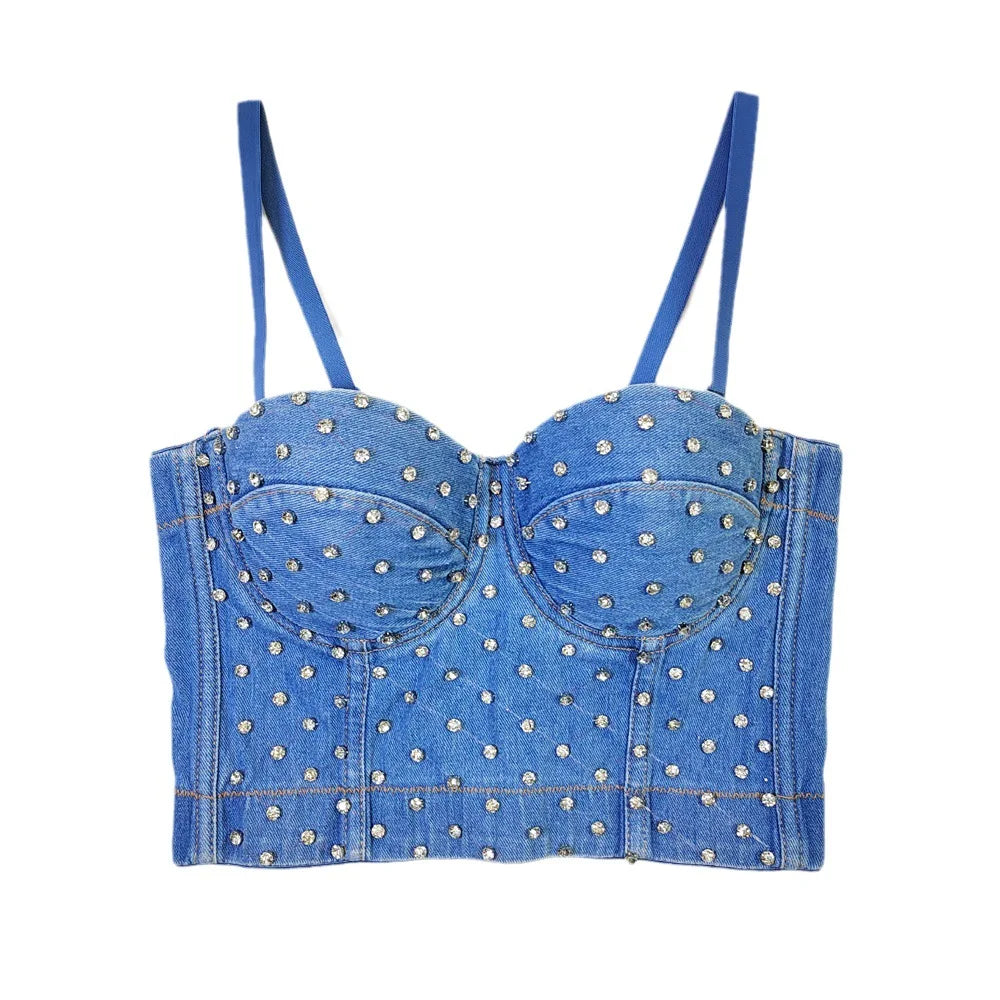 Women's New Denim Full Rhinestone Beaded Spaghetti Strap Bustier Soft Comfort Casual Trendy Versatile Slim Fishbone Crop Bra Top