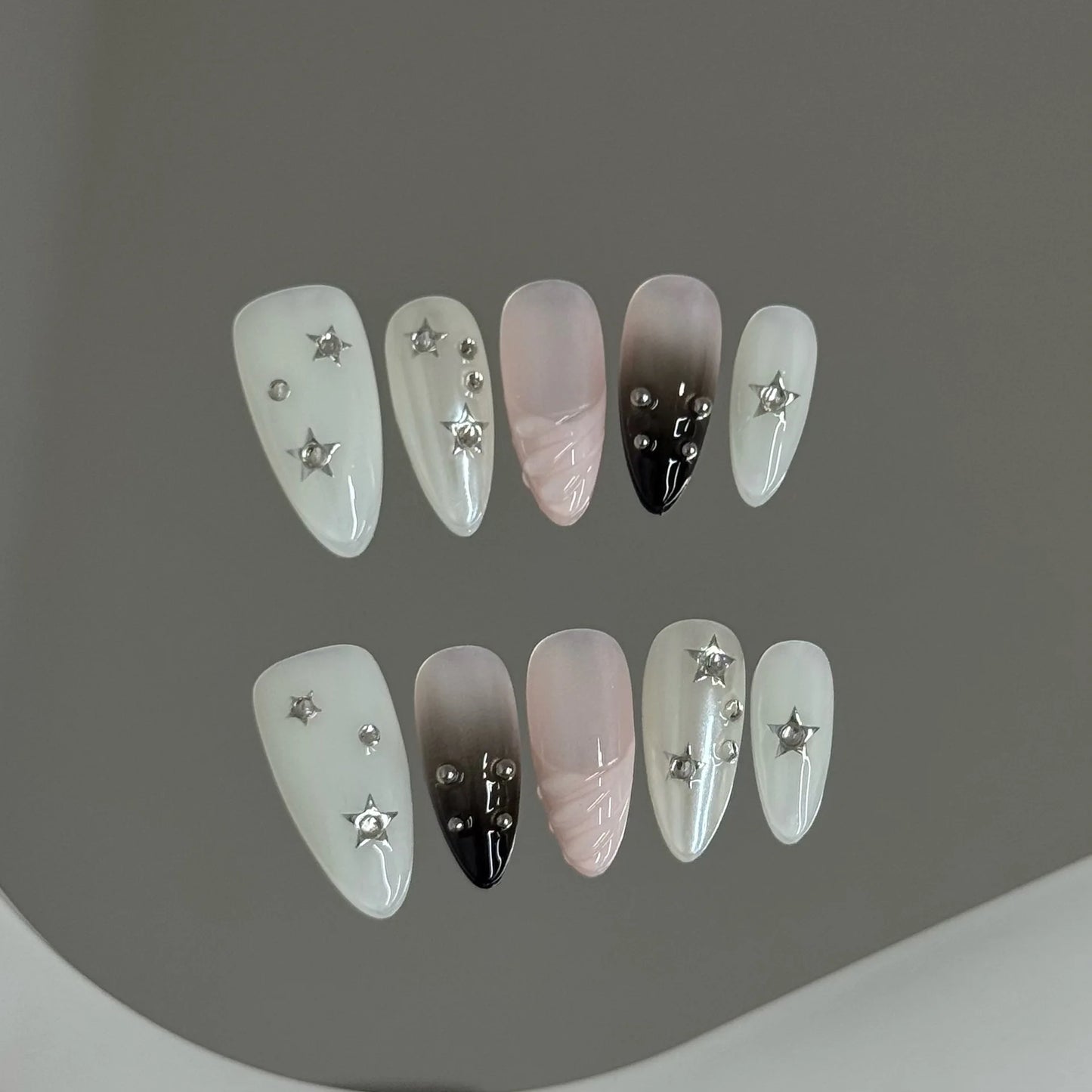 10pcs Handmade Korean Press on Nails Sweet Cool Star Pink White Fake Nail Tips Wearable Summer Night Sky Almond False Nails