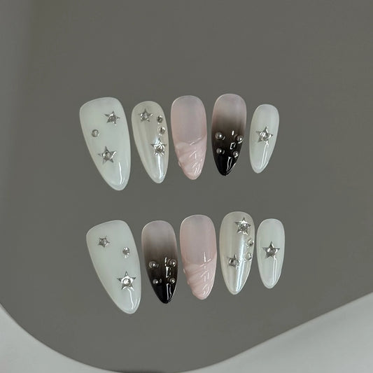 10pcs Handmade Korean Press on Nails Sweet Cool Star Pink White Fake Nail Tips Wearable Summer Night Sky Almond False Nails