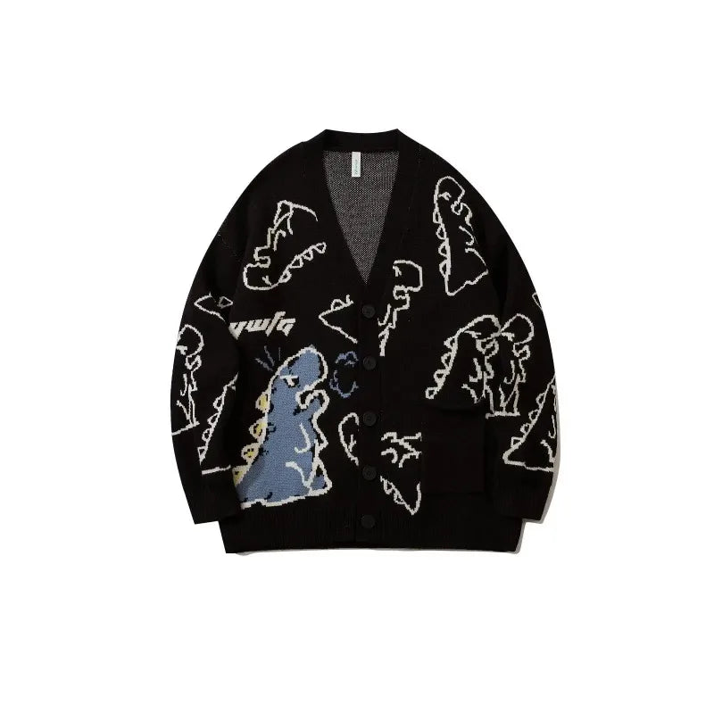 New Style Men's Clothing - Dinosaur Loose Fit Stylish and Versatile Hong Kong Style Insulated Knitted Cardigan Sweater