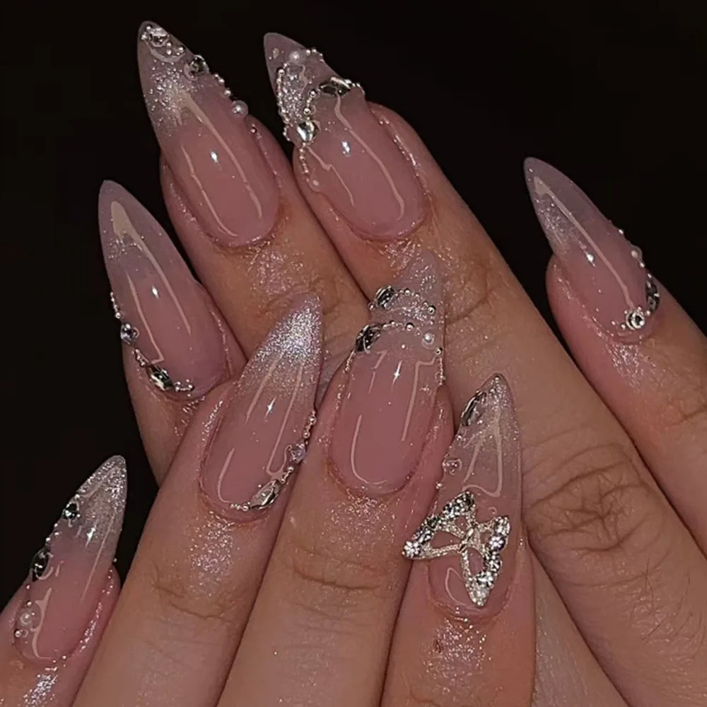 24Pcs Almond Press on Fake Nails Wearable Red Purple Blusher Halo Design False Nails Acrylic Full Over Simple Fashion Nail Tips