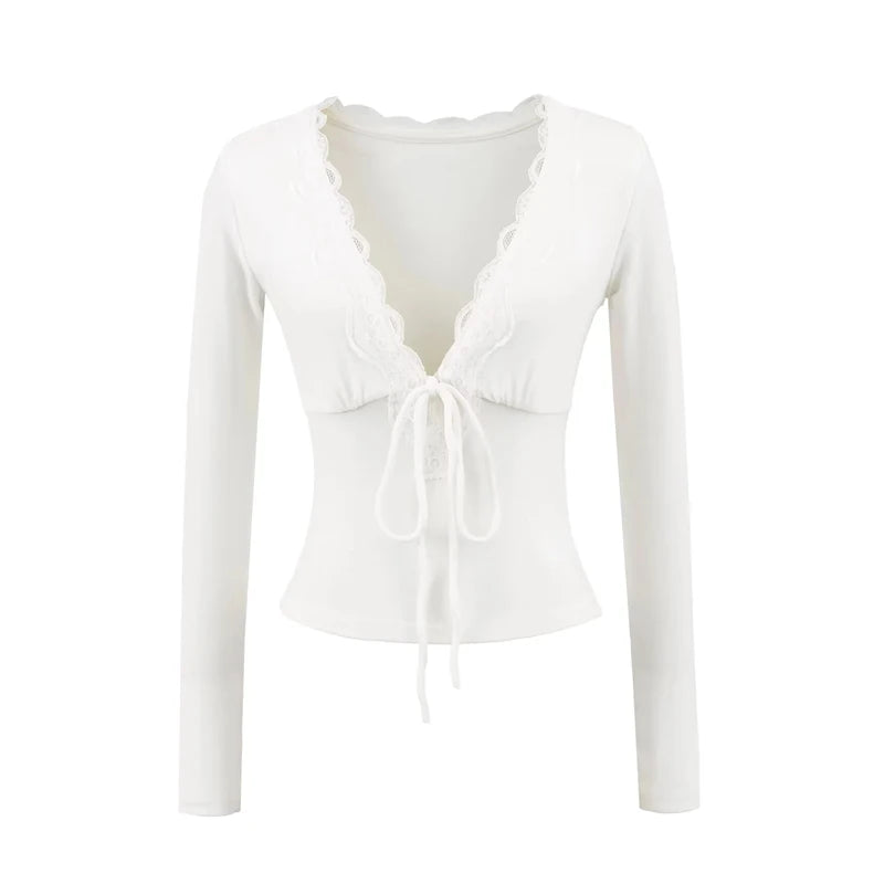 Women's Lace Trim Plunge V Neck Long Sleeved Slim Fit Top
