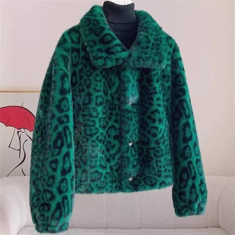 Leopard Print Fur Coat Women 2026 Autumn Winter Fashion Short Mink Jacket Thickened Warm Outerwear W1982