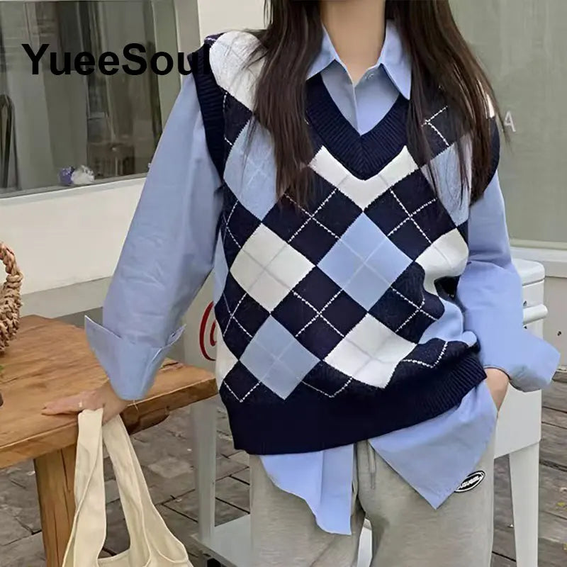 Blue Argyle Women's Vest Plaid Sleeveless Pullover Loose Knitted Sweater Vest 2026 New Autumn Y2K Casual Oversized Waistcoat