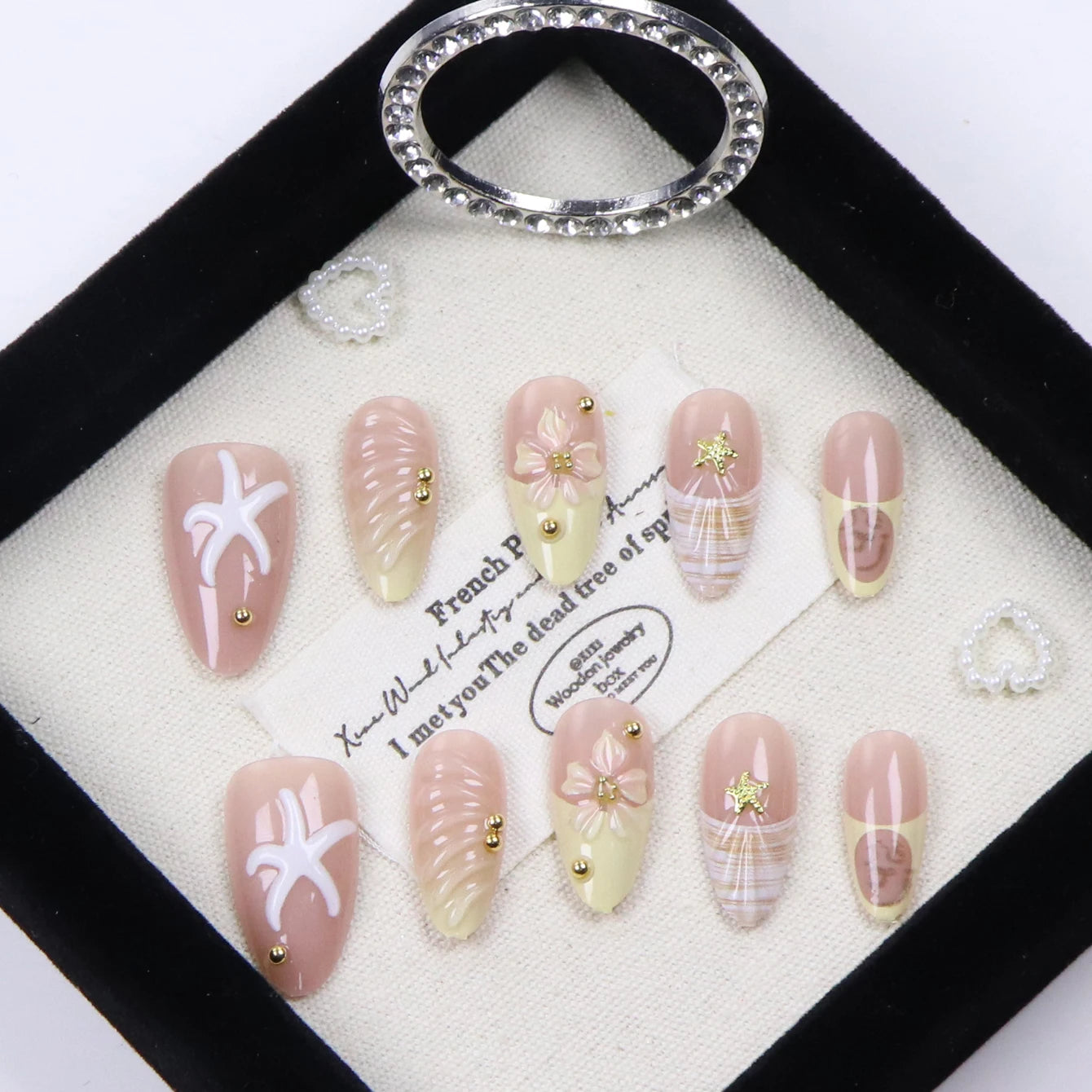 y2K 10PCS Hand Made Press On Nail-Short Almond Glue On Nails-Tropical Flowers Starfish And Golden Pearls Press One As gifts