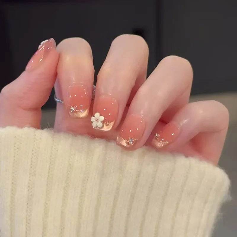24pcs Cute Girly Short Square False Nails Sweet White French Nail Glitter Star Rhinestones Nail Art Cat Eye Bow Press On Nails
