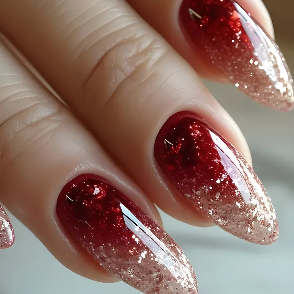 24Pcs Almond Press on Fake Nails Wearable Red Purple Blusher Halo Design False Nails Acrylic Full Over Simple Fashion Nail Tips