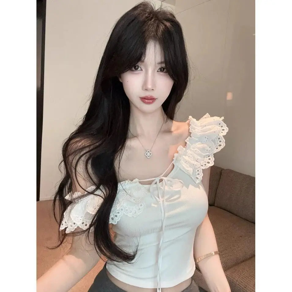 Summer Women's New Arrival Girl Style Slimming and Slimming Off-Shoulder Tied Ribbon Lace Trim Sleeveless Top