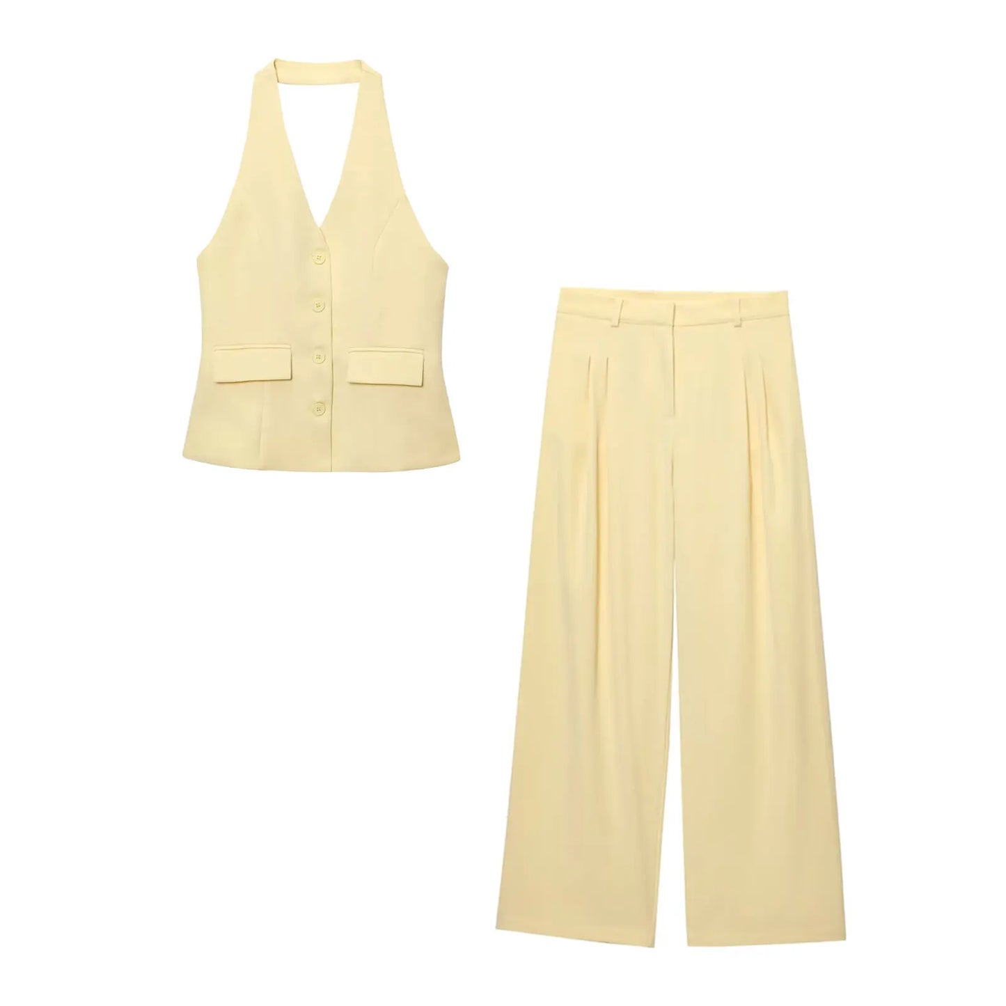 HH 2024 Female Elegant 2 Piece Solid Set High Waist Straight Trousers+Sleeveless Halter Vest Tops Chic Commuting Suit