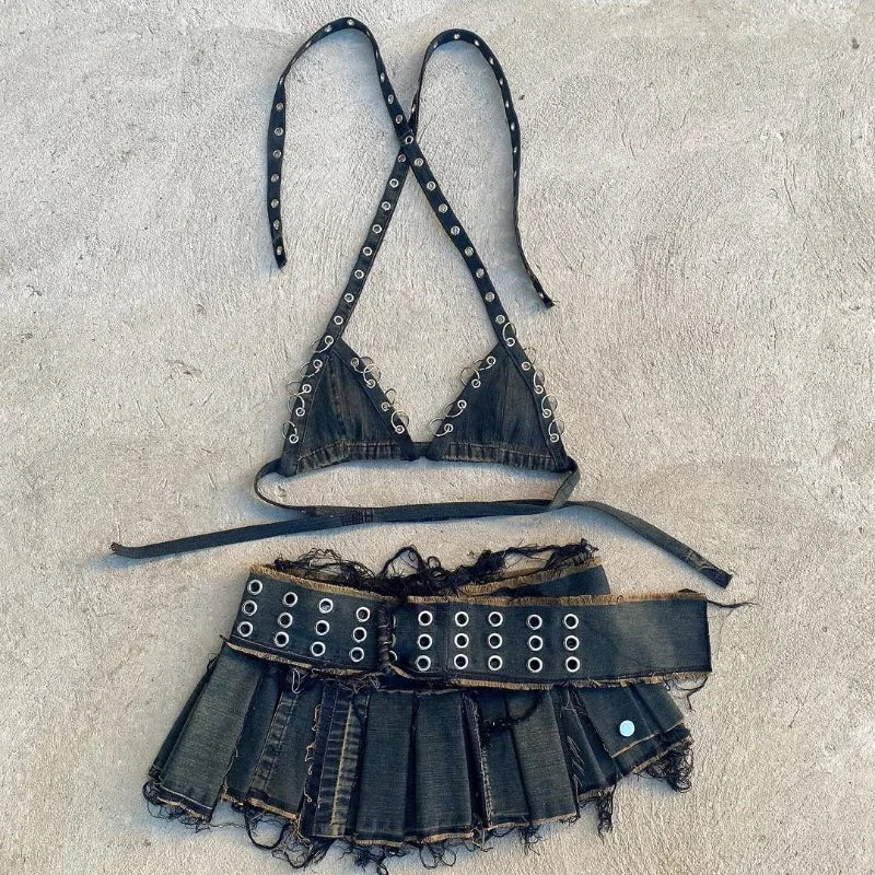 Hip-hop New Fashion Neck Halter Mini Skirt Two-piece Set American Retro High Street Trend Y2K Pleated Skirt Harajuku Women Suit