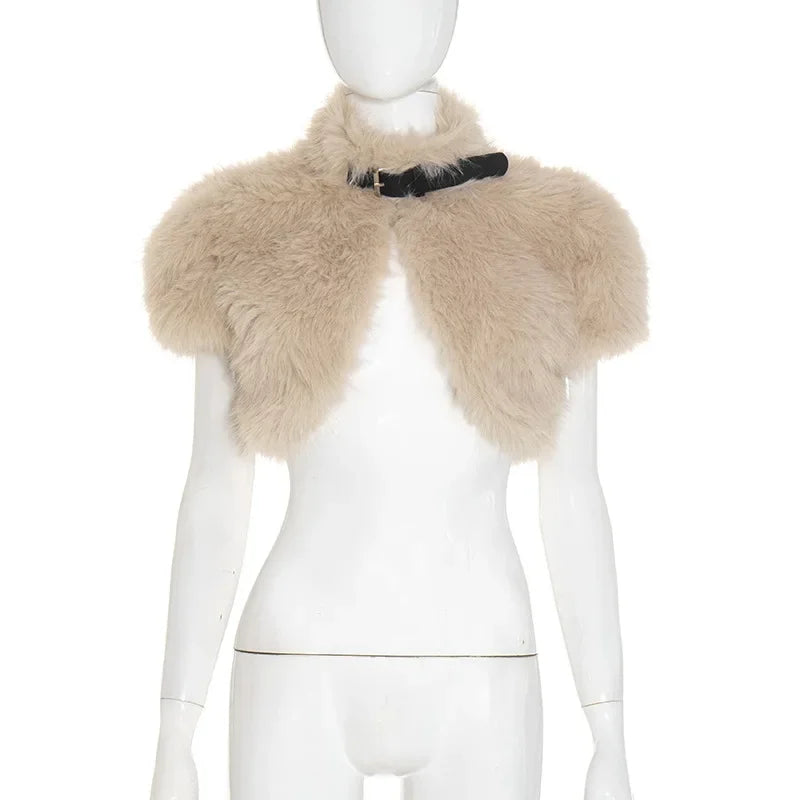 【Ready For Ship】Yellow Faux Fur Cropped Jackets Women Fall Winter Fashion Slim Sleeveless Vests Turn-Down Collar Buckle Belts Fu