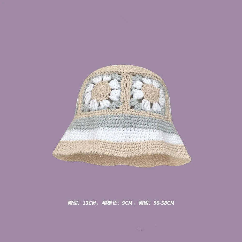 2023 Autumn New Crochet Korean Handmade Bucket Hat Women Weaving Knitted Hat  Fashion Flowers Autumn Winter Beanies Basin Cap