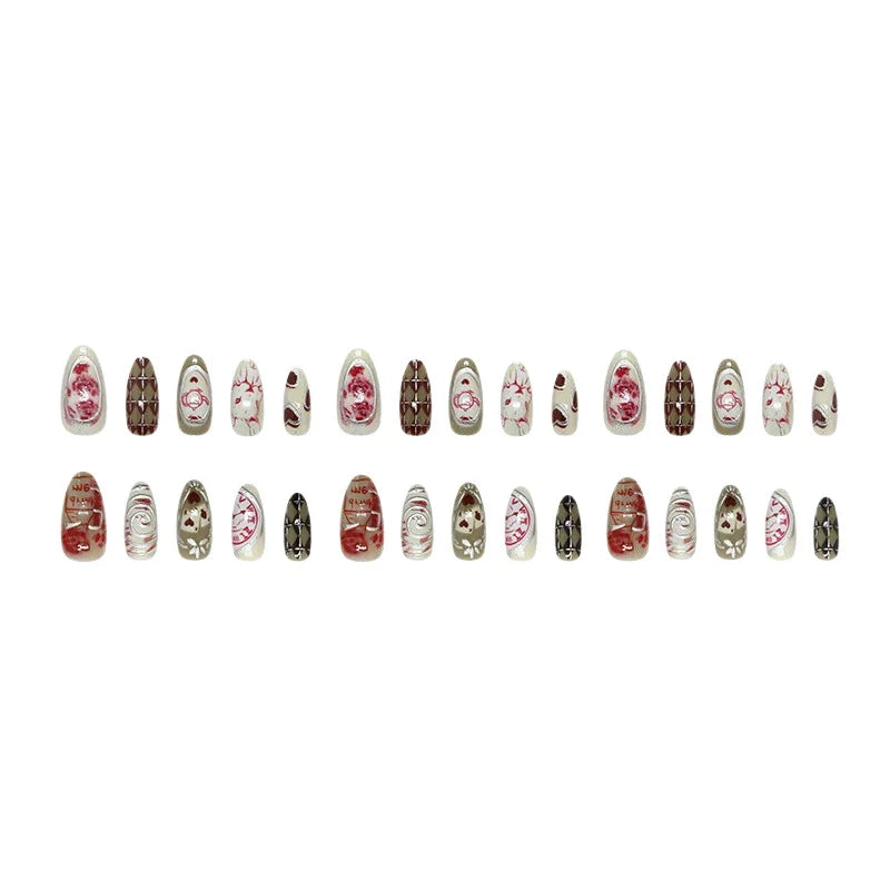 30pcs 3D Dream Rose Press on Nails Heart & Animal Wave Fake Nail Short Almond Full Coverage Nail for Women&Girl False Nail Art