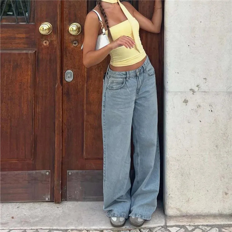 Womens Baggy Jeans Low Rise Wide Leg Denim Pants with Pockets Casual Long Trousers for Daily Office Y2K Vintage Streetwear