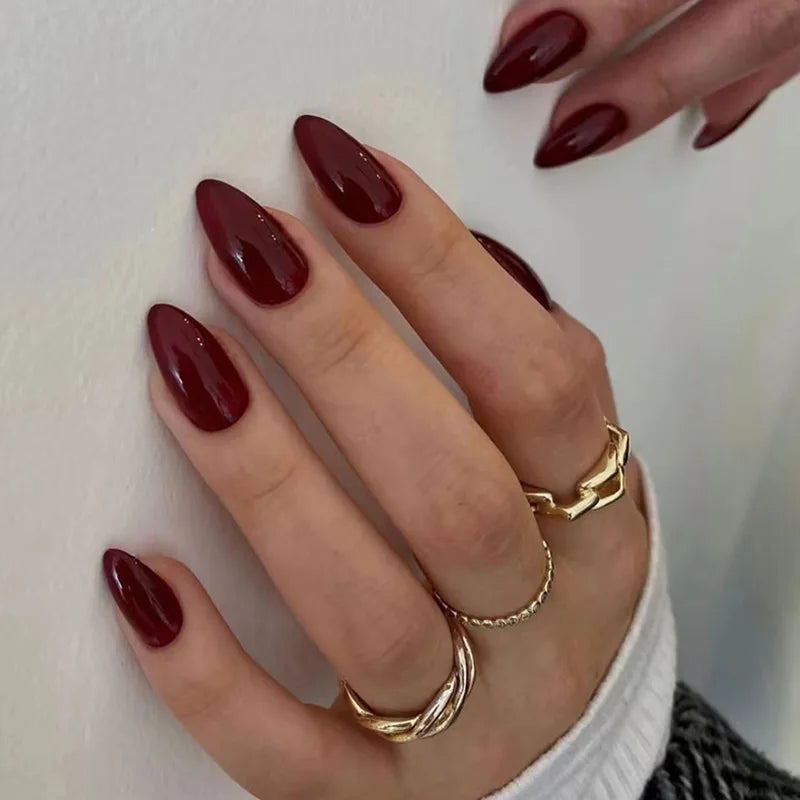 24Pcs Almond Press on Fake Nails Wearable Red Purple Blusher Halo Design False Nails Acrylic Full Over Simple Fashion Nail Tips