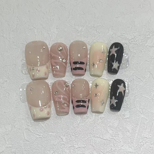 10pcs Cute Medium French Ballet Nails Cartoon Graffiti Pentacle Stripes Handmade Press on Nails Wearable Fashion Fake Nails Tip