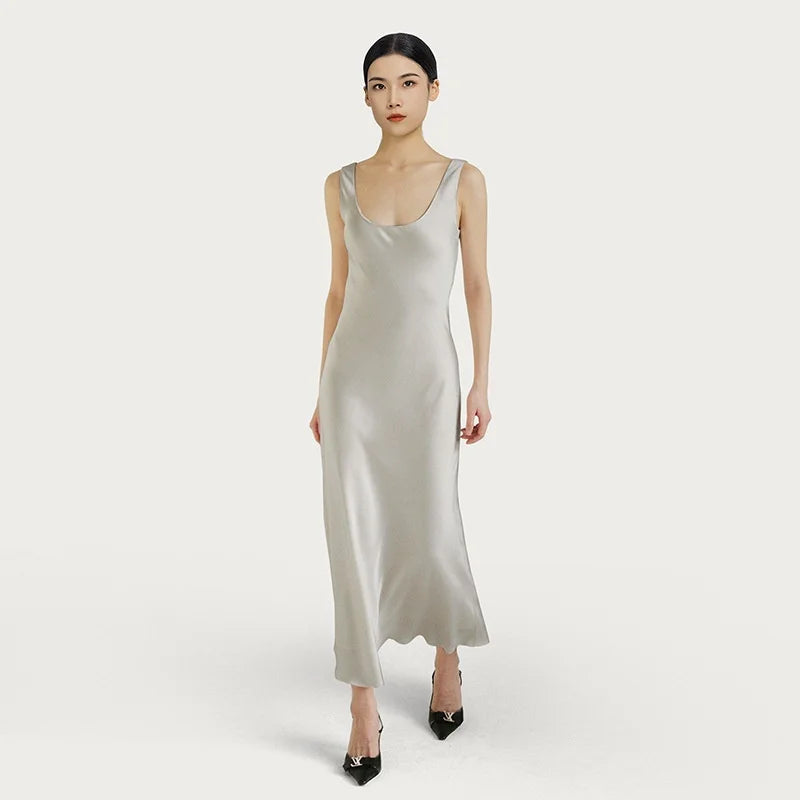 BirdTree OEKO-TEX 22MM 100% Silk Solid Dress,European Size Women U-neck Sleeveless Sling Dresses,2026 Summer New Dress D5O505JF